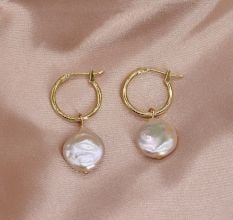 Gold Huggie Hoops with Coin Freshwater Pearl Drops Earrings